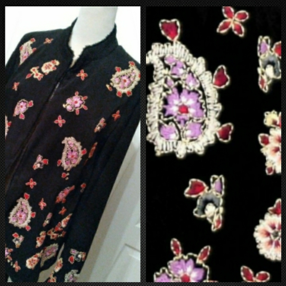 COLDWATER CREEK BLACK EMBROIDERED JACKET OPEN FRONT MICROFIBER XL WOMENS X-LARGE